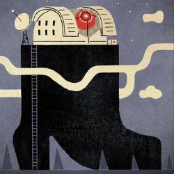 Illustration shows an observatory atop a mountain shaped like a boot.