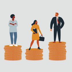 female and male professionals standing atop stacks of coins, illustration