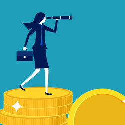 businesswoman with telescope stands on a stack of gold coins, illustration