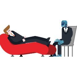 Illustration depicts a cyborg psychiatrist working with human patient.