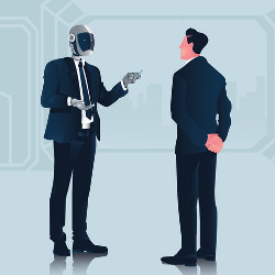 humanoid robot and business person in conversation, illustration