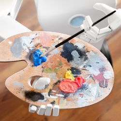 Artist's palette features oil paints and is held by a robot.