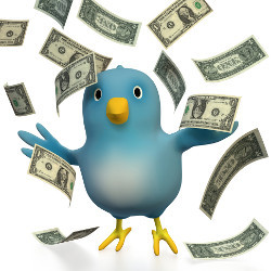 dollar bills rain on Twitter bird, illustration