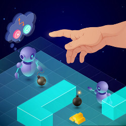 human hand and robotic figures in human-robot interaction illustration