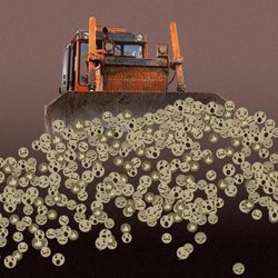Illustration of a bulldozer pushing and scooping up social media emojis.