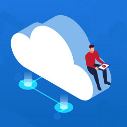 worker with a laptop computer sits on a cloud, illustration