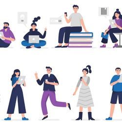 Illustration shows people reading on various devices.