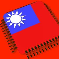 Illustration shows flag of Taiwan on a microprocessor.