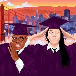 Illustration shows graduates in caps and gowns worrying about their futures.