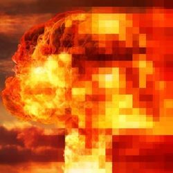 A mushroom cloud image is pixelated to convey technology.