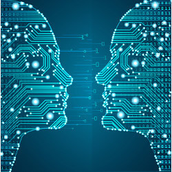 two circuitry faces in profile, illustration