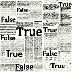 The words "True" and "False appear in an old newspaper style image.