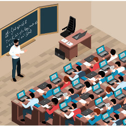 instructor and students in classroom lecture hall, illustration