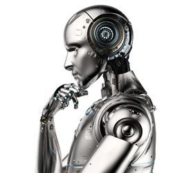 Illustration of a metallic robot with hand on chin in thinking pose