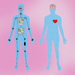 two similar figures, one with internal computer hardware, the other with a heart