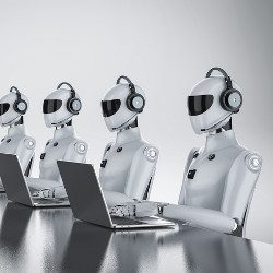 line of robots working at laptop computers