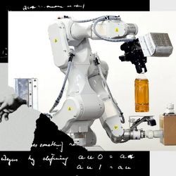 A robotic arm lifts bottles as part of a montage of images.