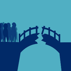 people stand on one side of a broken bridge, illustration