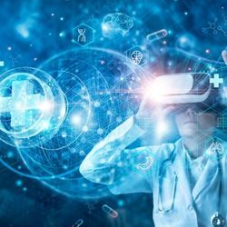 Doctor wears virtual reality goggles depicting futuristic healthcare scenario.