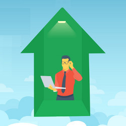 businessman icon inside up arrow in a clouded sky