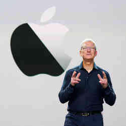 CEO Tim Cook with the Apple logo.
