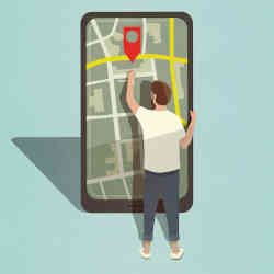 Illustration of a man looking at a giant smartphone showing a map with a 'you are here' symbol.