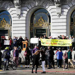 A protest against killer robots outside San Francisco City Hall on Dec. 5. 