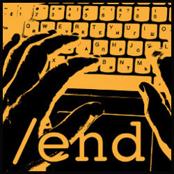 /end text, hands typing on a keyboard, illustration