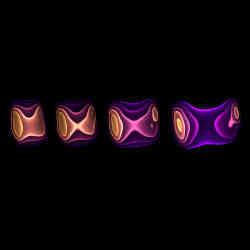 This graphic shows the energy density at different times during the hydrodynamic evolution of the matter created in a collision of a lead nucleus (moving to the left) with a photon emitted from the other lead nucleus (moving to the right).