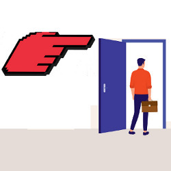 finger points worker toward an exit door, illustration