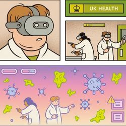 Illustration in comic-book style shows researchers in a lab working in virtual reality.