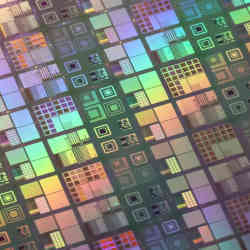 A silicon wafer of quantum computer chips made by Hitachi.