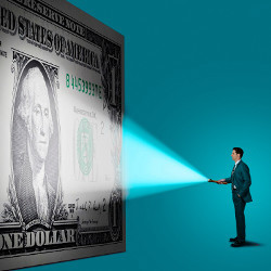 man shines a flashlight on an oversized dollar bill, illustration