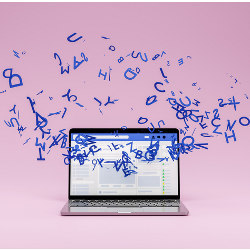 letters swirling around a laptop computer, illustration