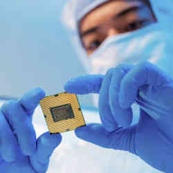 Examining a chip.