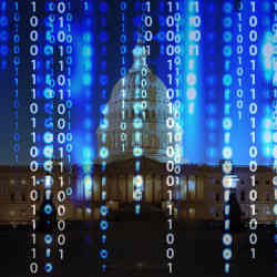 The U.S. Capitol at dusk, with a representation of cyberspace.