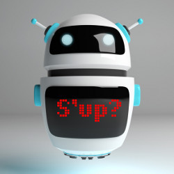 cute bot with red-lettered 'S'up?' on front, illustration