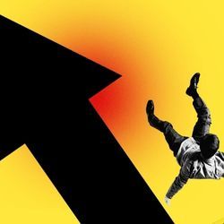 Illustration shows a black arrow pointing upward and a person tumbling to the ground.