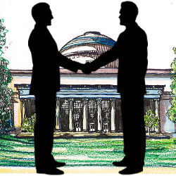 silhouetted figures shake hands in front of MIT's Great Dome, illustration