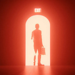 man holding a briefcase walks through an exit doorway, illustration