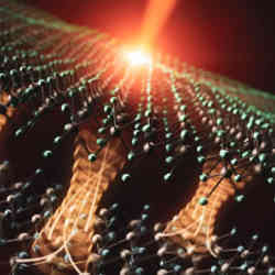 Artist's depiction of electron transfer driven by an ultrashort laser pulse across an interface between two atomically-thin materials.