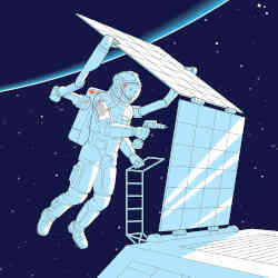 Illustration of an astronaut equipped with two extra mechanical arms performing mechanical repairs to a satellite.