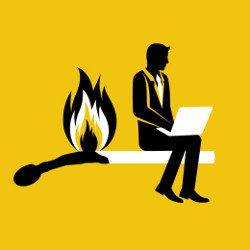 businessman sits on a burning match, illustration