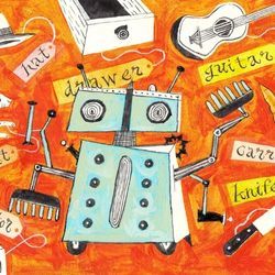 Illustration shows a robot surrounding by a bunch of objects with appropriate labels as to what the objects are.