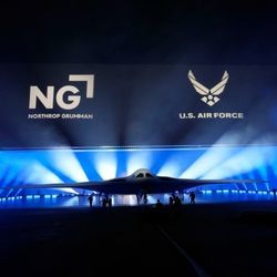 A B-21 Raider stealth bomber at the Northrop Grumman facility in Palmdale, CA.