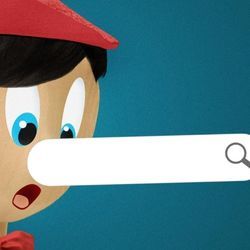 Digital illustration shows a Pinocchio type character whose nose is a web search bar.