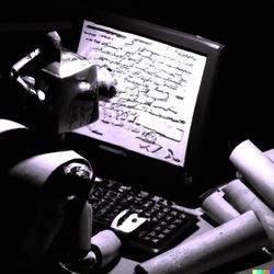 A noir image of a robot writing code at computer.