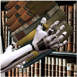 humanoid robotic hand holding library books