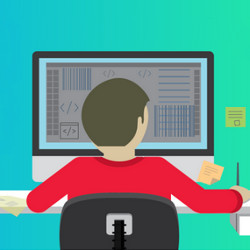 a developer sitting at a workstation, illustration