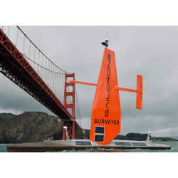The Saildrone Surveyor.The Saildrone Surveyor heading under the Golden Gate Bridge.